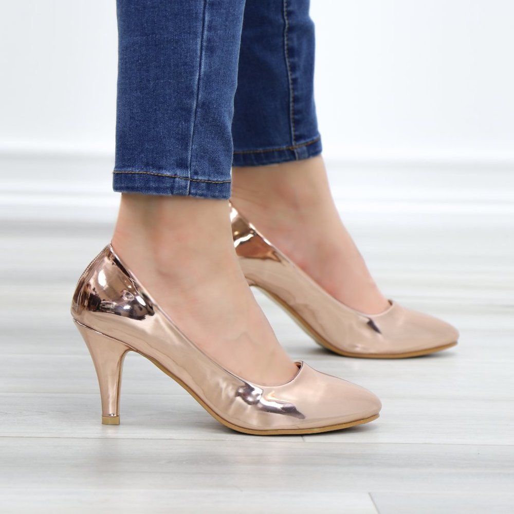 Rose Gold Paten Slip On Kitten Low Heel Pumps - Picture 9 of 12